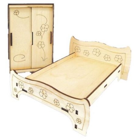Набор деревянной мебели для кукол: Кровать со шкафом - 3