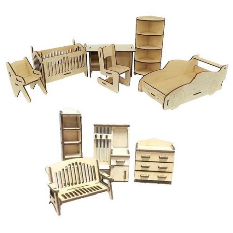 Комплект деревянной мебели для кукол: Прихожая-1 + Набор мебели № 4-1
