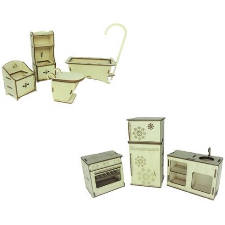 Комплект деревянной мебели для кукол: Ванная №1-1 + Кухня 1-1