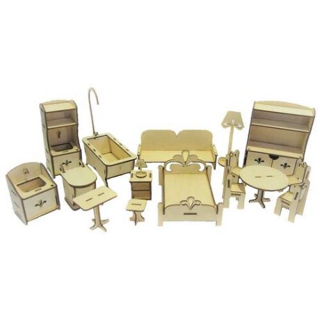 Деревянный набор мебели №3-2 для кукольного домика - 17 предметов