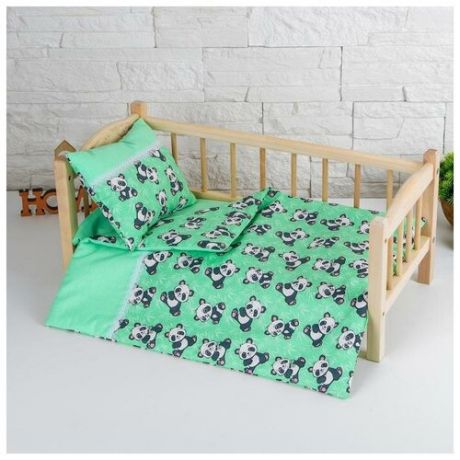 Постельное бельё для кукол "Панды на зелёном", простынь, одеяло, подушка