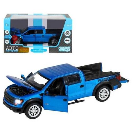 Машинка металлическая ТМ "Автопанорама", 1:34 Ford F-150 SVT Raptor, синий, инерция, свет, звук, открывающиеся двери