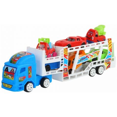 Машинка детская Автотрейлер ТМ "Компания Друзей", 4 гоночных, автокран и водовоз, игрушка для мальчиков, автовоз, машина, игрушка для малышей, синий, 18х12х30 см