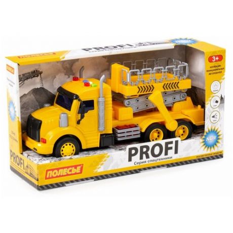Машинка Полесье Сити с подъёмником инерционная со светом и звуком жёлтый в коробке