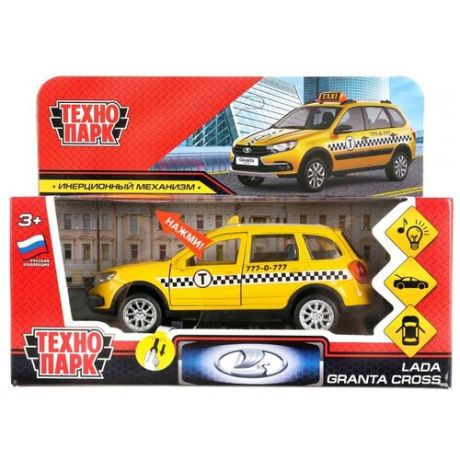 Машина металлическая Технопарк свет и звук, "Lada Granta Cross 2019 такси", 12 см, инерция, желтый (GRANTACRS-12SLTAX-YE)
