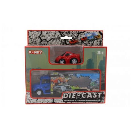 Набор FUNKY TOYS FT61054 грузовик + машинка die-cast красная, спусковой механизм 1:60