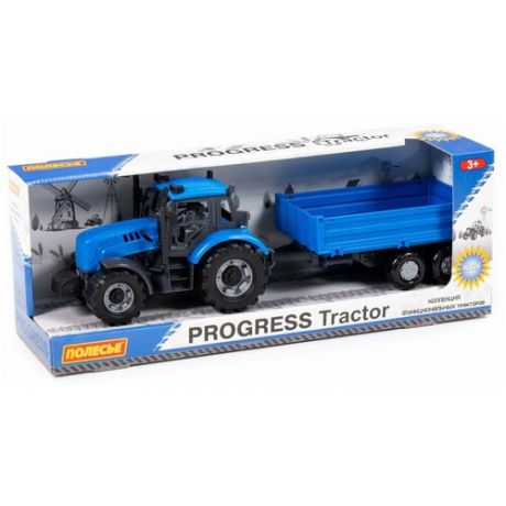 Трактор "Прогресс" с бортовым прицепом инерционный Полесье (синий) (в коробке) 91253