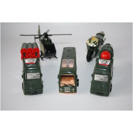 Детский игровой набор военной техники с инерционным механизмом 5 шт вертолет , мотоцикл , автобус , 2 машины военной техники