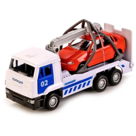 Набор техники ТЕХНОПАРК КамАЗ Эвакуатор Полиция с одной моделью (SB-16-27-A1-WB), 12 см, белый/красный