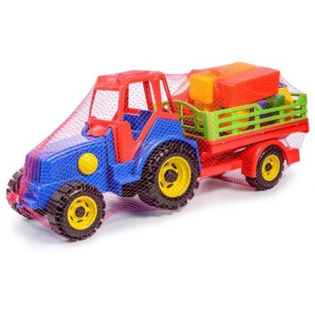 Трактор Green Plast с прицепом и конструктором ТР004, 60 см, синий/красный