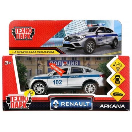 Машина Технопарк металл, свет-звук, Renault Arkana Полиция, 12 см, открываются двери, багажник, коробка (ARKANA-12SLPOL-SR)