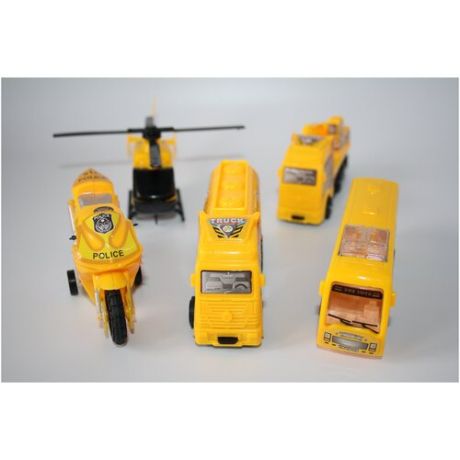 Детский игровой набор строительной техники с инерционным механизмом 5 шт вертолет , мотоцикл , автобус , 2 строительные машины