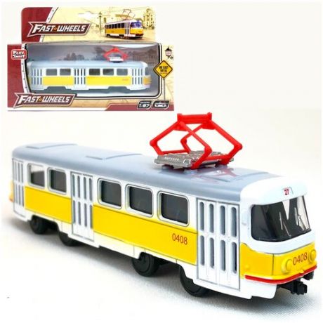 Металлическая модель Трамвай, 1:87, Fast Wheels инерционная машинка, городской транспорт, 16х5х3 см