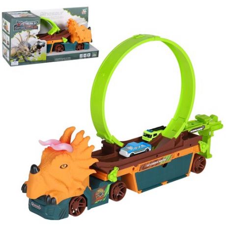 Игровой набор машина Автовоз "Динозавр" с автотреком, трюковая петля, пусковое устройство, 2 машинки, для мальчиков, свет, звук, бежевый