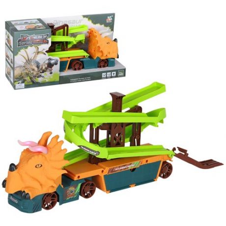 Игровой набор машина Автовоз "Динозавр" с треком, 2 машинки, для мальчиков, свободный ход колес, свет, звук, бежевый