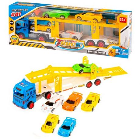 Трейлер фрикционный с синей кабиной с 6-ю разноцветными машинками разных моделей для мальчиков и девочек с 3-х лет/Набор машин/Трейлер с машинками для развивающей игры