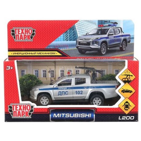 Машина Технопарк металл, Mitsubishi L200 Pickup Полиция, 13 см, открываются двери и багажник, коробка (L200-12POL-ARMSR)