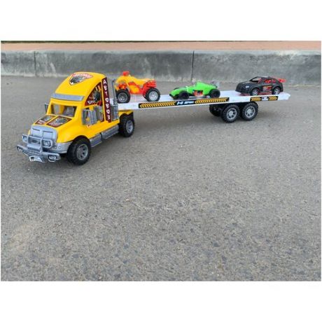Машинка Большой автовоз с набором машин игрушка для детей грузовая машина с прицепом и маленькие машинки желтый 7059 крепкий пластик пр-во россия