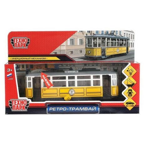 Машинка Технопарк Трамвай Ретро свет и звук желтый 17 см