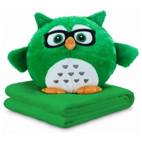 Игрушка Совушка в очках, 3 в 1 Плед, подушка и игрушка. Зелёная.