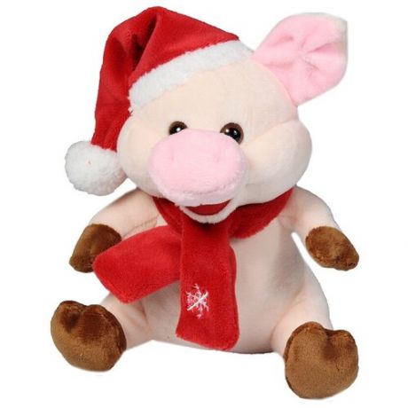 Мягкая игрушка Свинка, Игрушка набивная Новогодняя, в красной шапке и шарфе, 17см