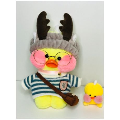Мягкая желтая утка лалафанфан "Lalafanfan Duck" Уточка плюшевая игрушка кукла в очках и одежде 30 см