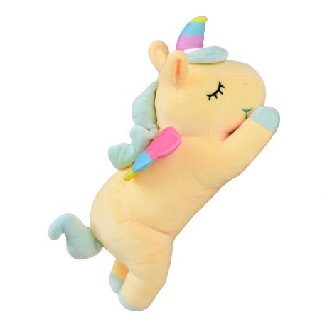 Мягкая игрушка спящий Единорог, радужный Пегас, желтый цвет, с радужными крыльями, размер 35х14х16 см/ SHINE!