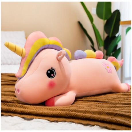Мягкая детская игрушка - подушка " Единорог" раружная грива/ромашка 40 см розовая