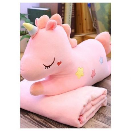Мягкая игрушка "Розовый облачный единорог" с пледом (75 см)