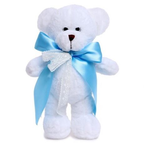 Мягкая игрушка Unaky Soft Toy Медведица Сильва с голубым атласным бантом, 33 см, белый/голубой