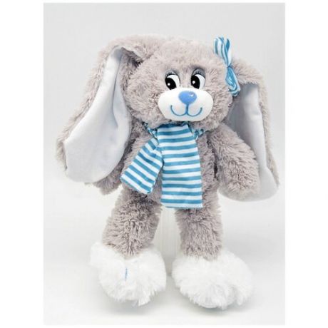 Плюшевый очень мягкий заяц моряк Лаврик с полосатым шарфом голубой 35
