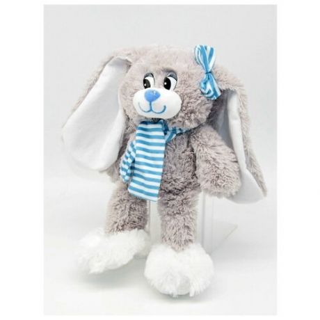 Плюшевый очень мягкий заяц с полосатым шарфом голубой 60