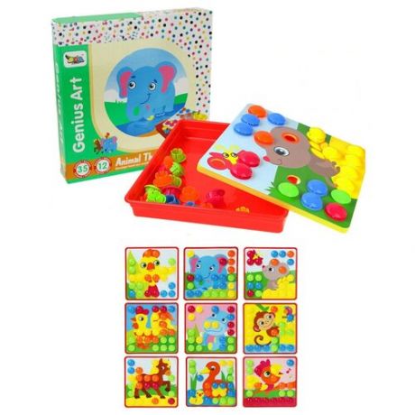 Развивающая крупная мозаика для малышей S+S Toys "Животный мир", 12 карточек шаблонов, 35 пуговок грибочков