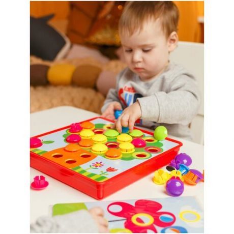 Сортер мозаика для малышей с большими кнопками-пуговками, детская крупные детали, Ma-Mi Toys, 12 шаблонов, 46 деталей