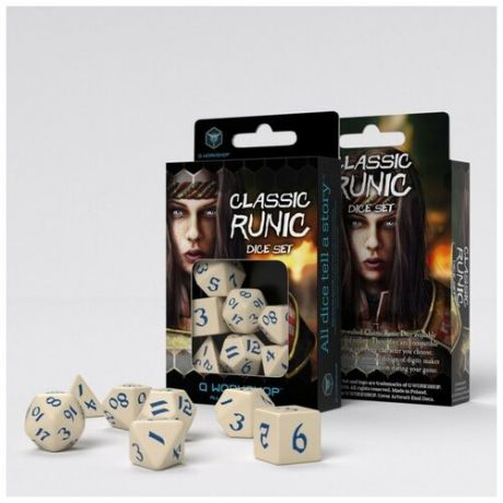 Набор кубиков для настольных ролевых игр (Dungeons and Dragons, DnD, D&D, Pathfinder) - Classic Runic Beige & blue Dice Set
