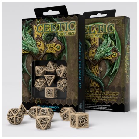 Набор кубиков для настольных ролевых игр (Dungeons and Dragons, DnD, D&D, Pathfinder) - Celtic 3D Revised Beige & black Dice Set