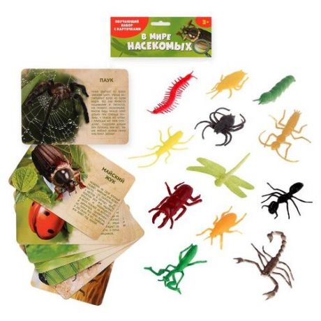 Набор животных ZABIAKA с обучающими карточками "В мире насекомых", 12 животных, 12 карточек (2519486)