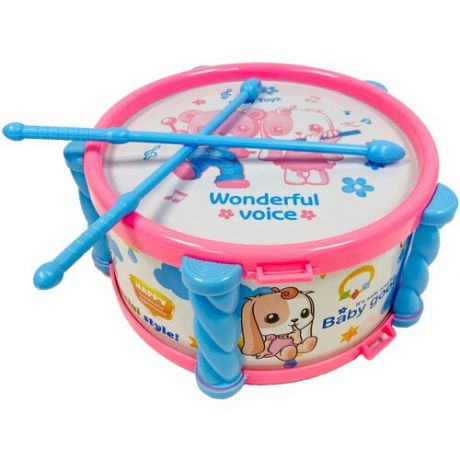 Музыкальные инструменты детские, барабан детский, розовый, барабанные палочки пластиковые.