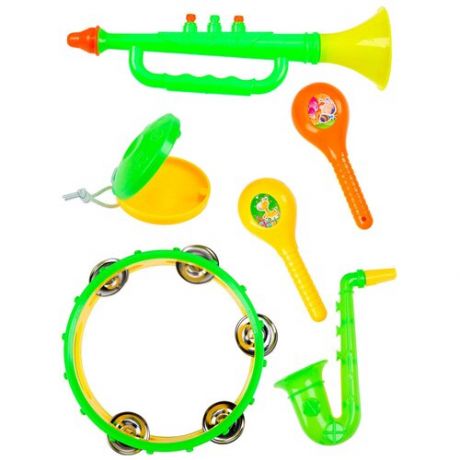 Набор детских музыкальных инструментов, 6 предметов: бубен, труба, саксофон, маракасы, кастаньеты, 33х21х5 см