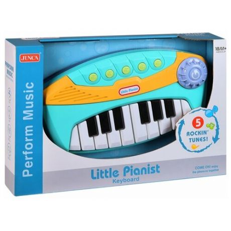 Детский музыкальный инструмент Синтезатор на батарейках, 5 песен в записи , 16 клавиш , регулировка звука , аккомпанемент, игрушка для детей, развивающая игрушка, музыкальная игрушка для девочек , для мальчиков, цвет голубой , в/к 39*26*7см