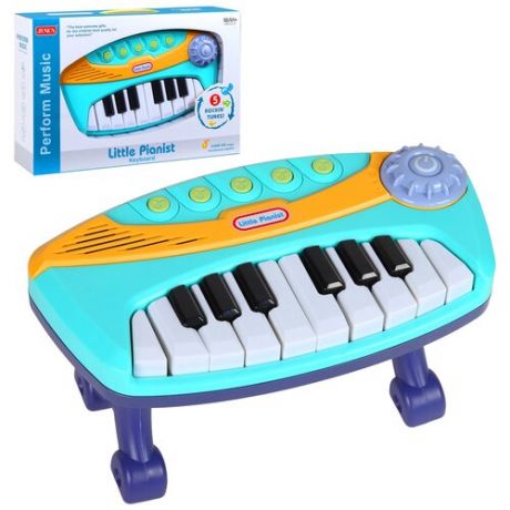 Детский музыкальный инструмент Синтезатор со стойкой, на ножках, 5 песен, на батарейках, регулировка звука, игрушка для детей, развивающая игрушка, музыкальная игрушка, для мальчиков, для девочек, цвет голубой, в/к 41*27*10см