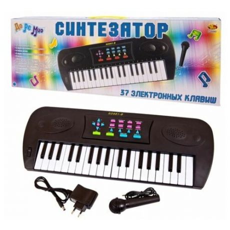 Синтезатор черный 37 клавиш,с микрофоном, эл/мех, с адаптером в комплекте, 53x6x19,2