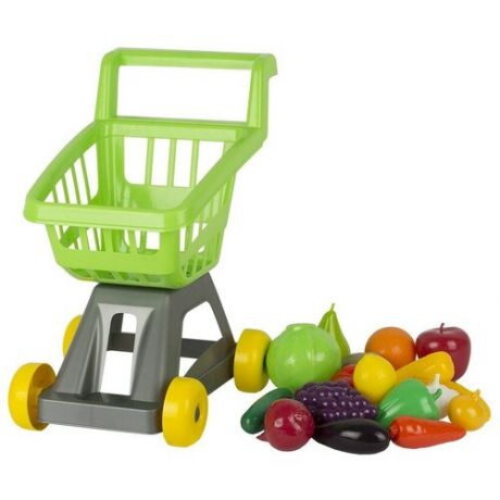 Детская тележка, с набором фруктов и овощей , детский набор, детский магазин, 18 предметов