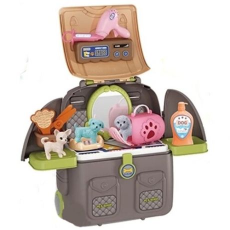 Детский игровой набор Зоосалон в чемодане на колесах, 4 в 1, 38х38х23 см, с аксессуарами и животными, 22 предмета