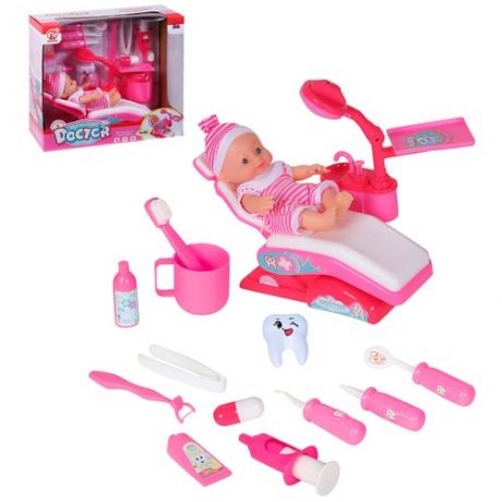 Игровой набор Доктор с куклой, стоматолог, лечим зубки, стоматологическое кресло, ролевые игры, профессия, для девочек /мальчиков, звук/свет, розовый.