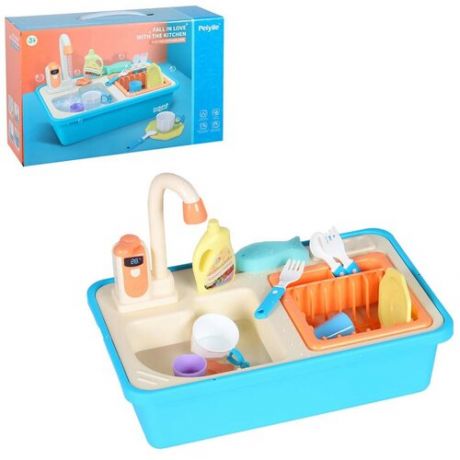 Кухня детская игровая, раковина с водой, игрушечная посуда, столовые приборы, моющее средство, для девочек, для игры в хозяйку, голубой