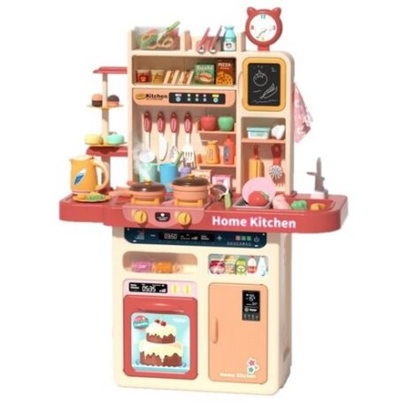 Детская кухня игровая высокая с паром, настоящей водой, звуки готовки, холодильником и чайником цвет коралл