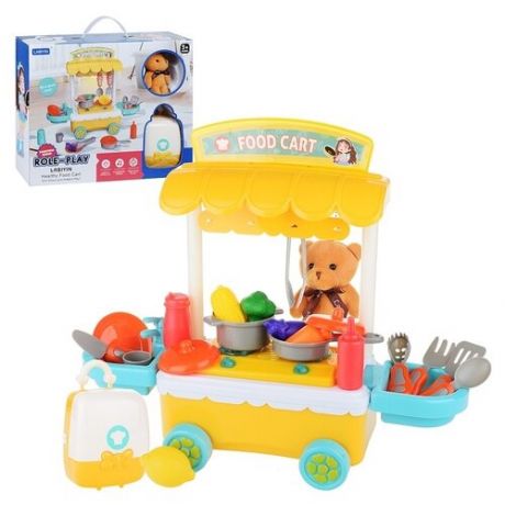 Детская кухня Oubaoloon с тележкой, плитой, посудой, продуктами, чемоданом на колесиках, мягкой игрушкой, свет, звук, в коробке (339-7A)