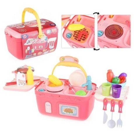 Детская кухня Oubaoloon розовая, с аксессуарами, в коробке (Y8833)