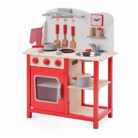 Кухня с часами игрушечная красная деревянная 78 см из серии Bon Appetit для детей от 3 лет